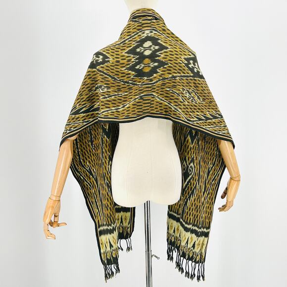 Large Handmade Black Brown Ikat Woven Cotton Shawl Wrap w Fringe - Picture 5 of 6